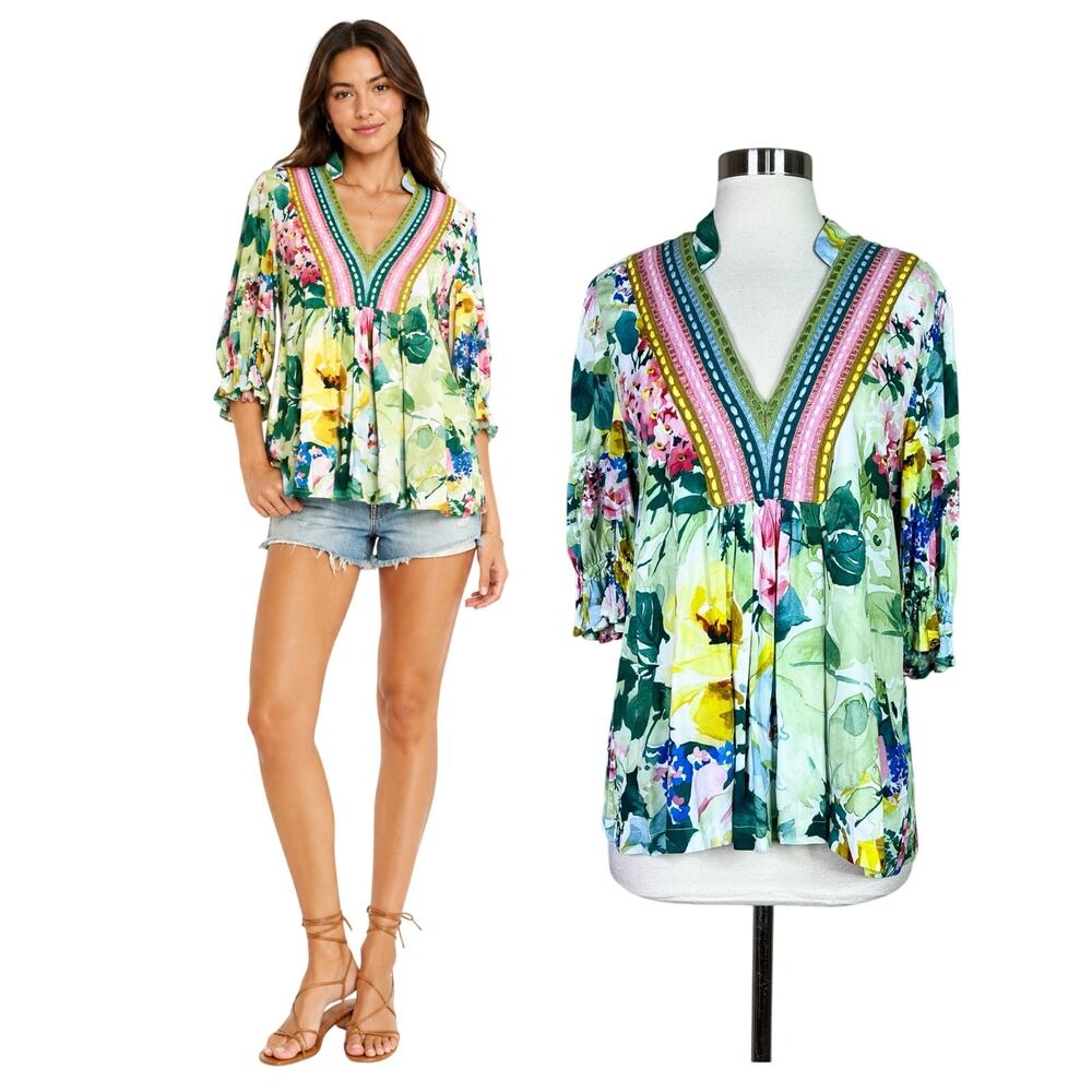 Anthropologie | Blank London Stephanie Floral V-Neck Green Blouse Top Medium